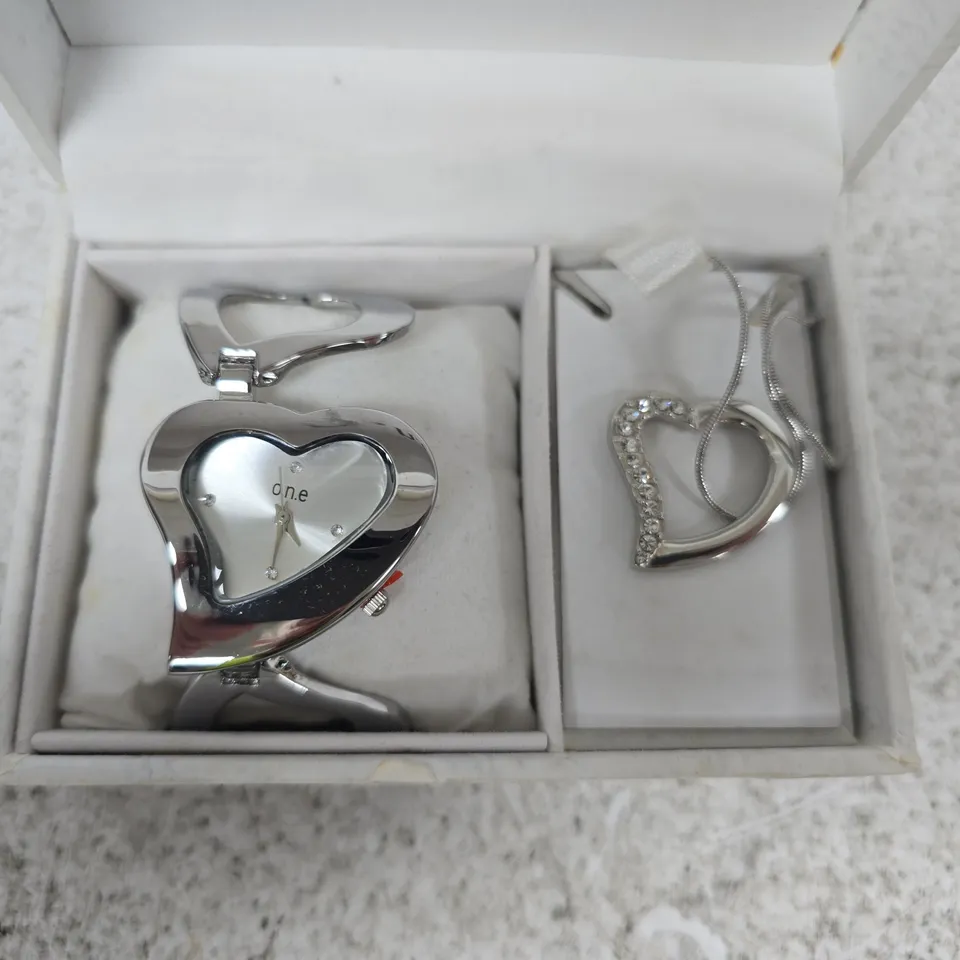 O.N.E SILVER-TONE HEART-SHAPED PENDANT WATCH WITH CHAIN & HEART PENDANT NECKLACE