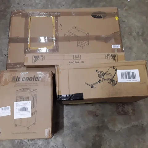 PALLET CONTAINING ASSORTED HOUSEHOLD PRODUCTS INCLUDING 39" DESK, PULL UP BAR, AIR COOLER & BUG SALT GUN