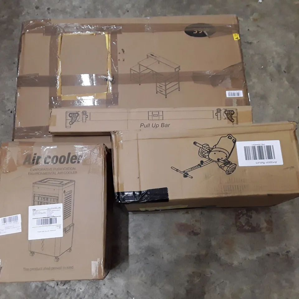 PALLET CONTAINING ASSORTED HOUSEHOLD PRODUCTS INCLUDING 39" DESK, PULL UP BAR, AIR COOLER & BUG SALT GUN