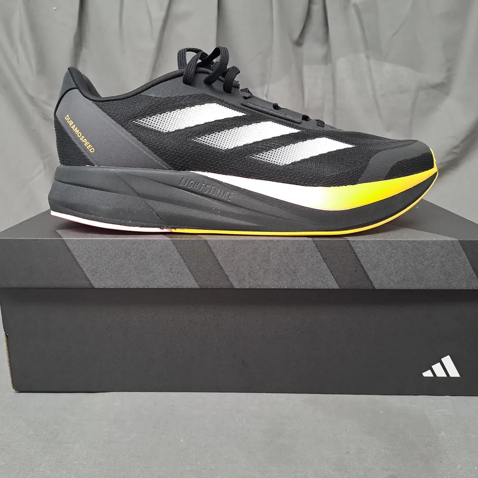BOXED PAIR OF ADIDAS DURAMO SPEED SHOES IN BLACK/MULTICOLOUR UK SIZE 10