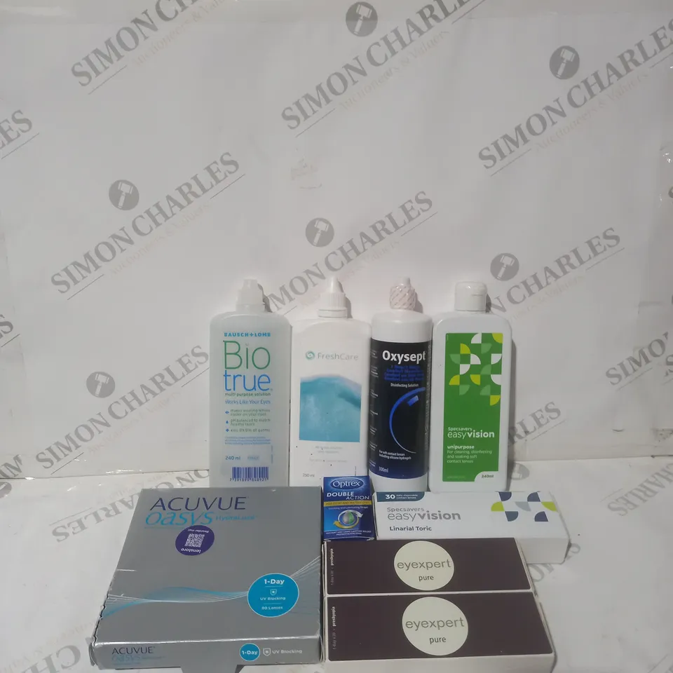 BOX OF APPROXIMATELY 20 ASSORTED CONTACT LENSES AND EYE TREATMENT TO INCLUDE BIO TRUE, EASY VISION AND EYE EXPERT 