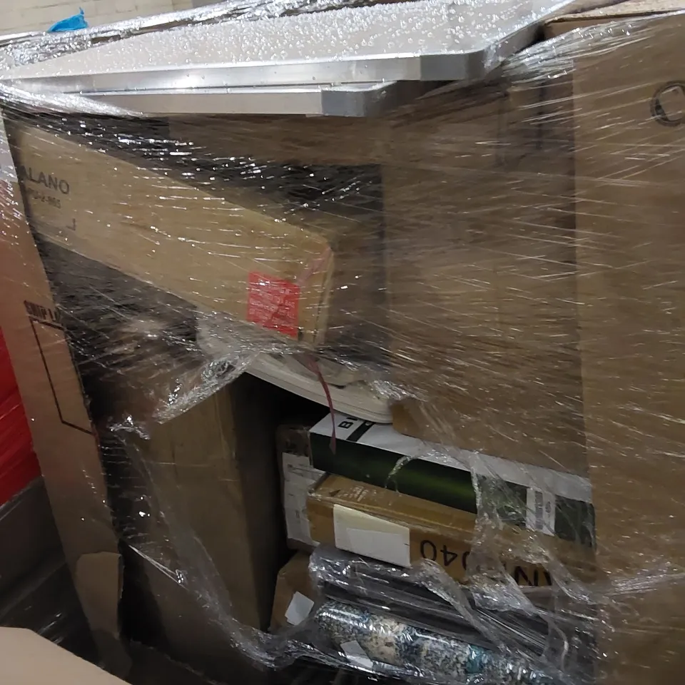 PALLET TO CONTAIN ASSORTED HOUSEHOLD ITEMS AND CONSUMER PRODUCTS. INCLUDING LED CEILING LIGHT, ELECTRIC UNDER BLANKET HEATER, BOXED FURNITURE ETC