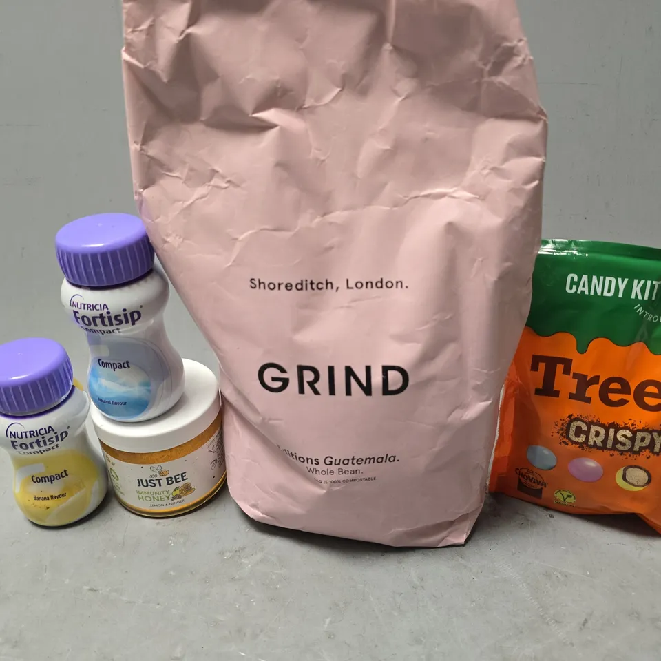 APPROXIMATELY 14 ASSORTED FOOD & DRINK ITEMS TO INCLUDE - TREETS CRISPY , JUST BEE HONEY , GRIND EDITIONS GUATEMALA ETC