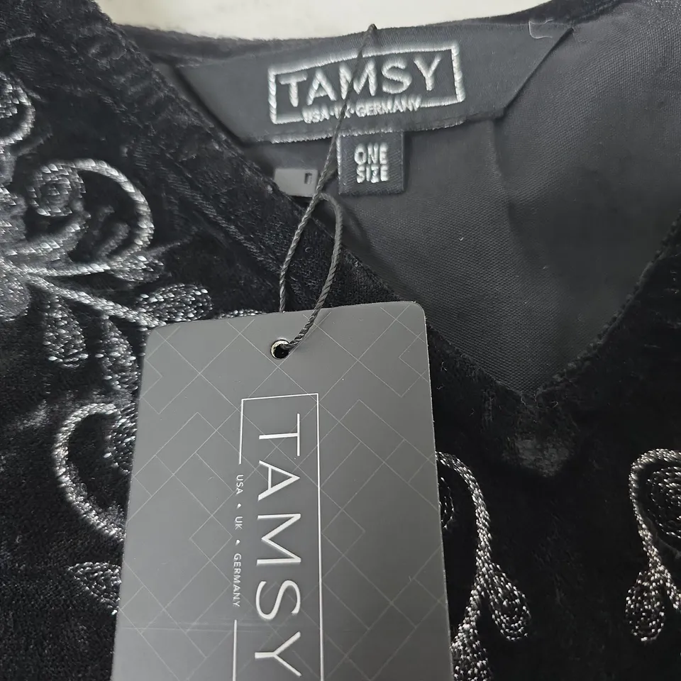 BOX OF APPROXIMATELY 20 X TAMSY VELVET TOP – ONE SIZE – BLACK WITH EMBROIDERED NECKLINE
