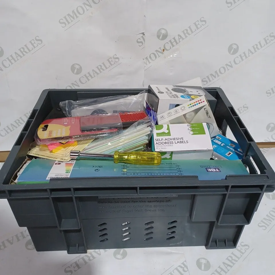 BOX TO CONTAIN APPROXIMATELY 30 ASSORTED HOME IMPROVEMENT PRODUCTS, INCLUDES PLUGS, LABELS & SKY REMOTE 