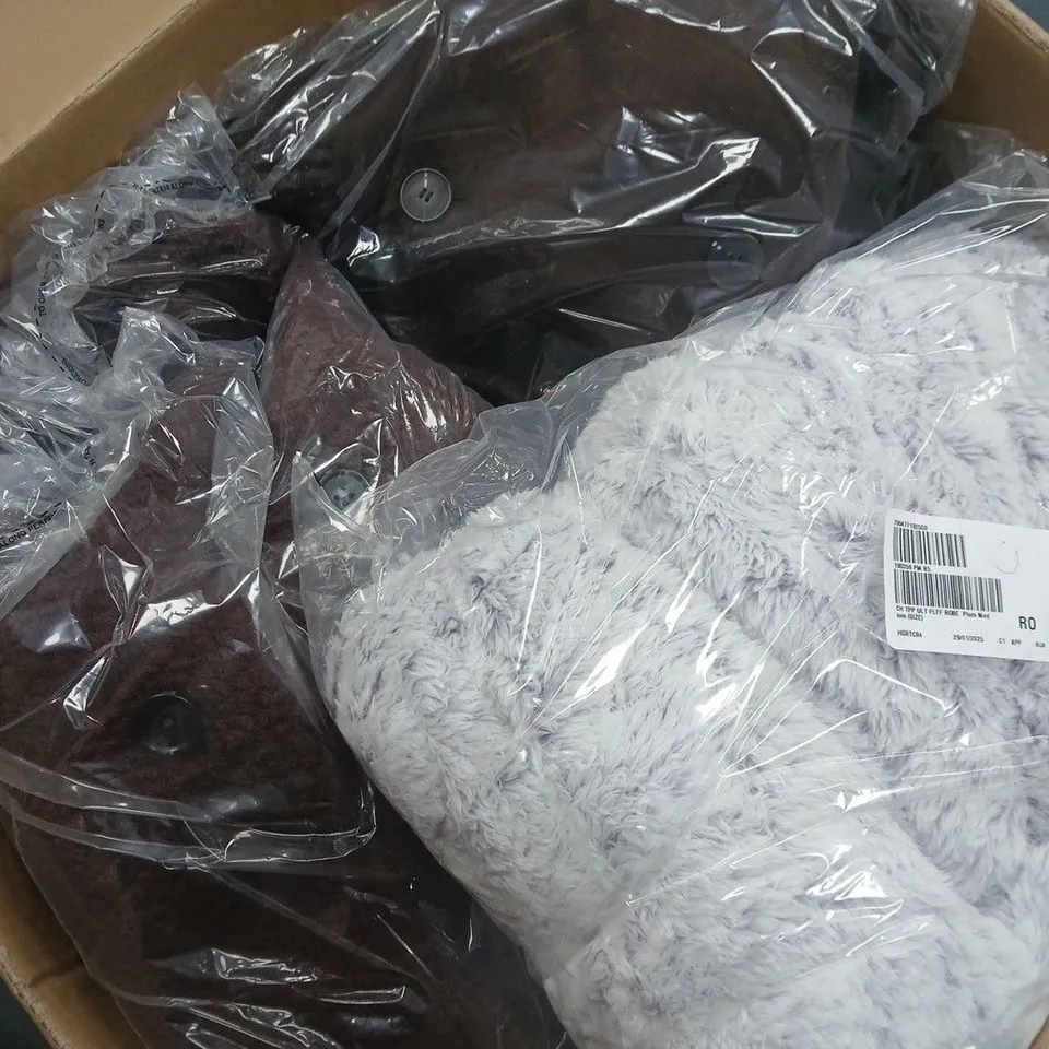 APPROXIMATELY 12 ASSORTED CLOTHING ITEMS IN VARIOUS SIZES, STYLES & COLOURS TO INCLUDE COATS, LOUNGE SWEATERS, ROBES, ETC