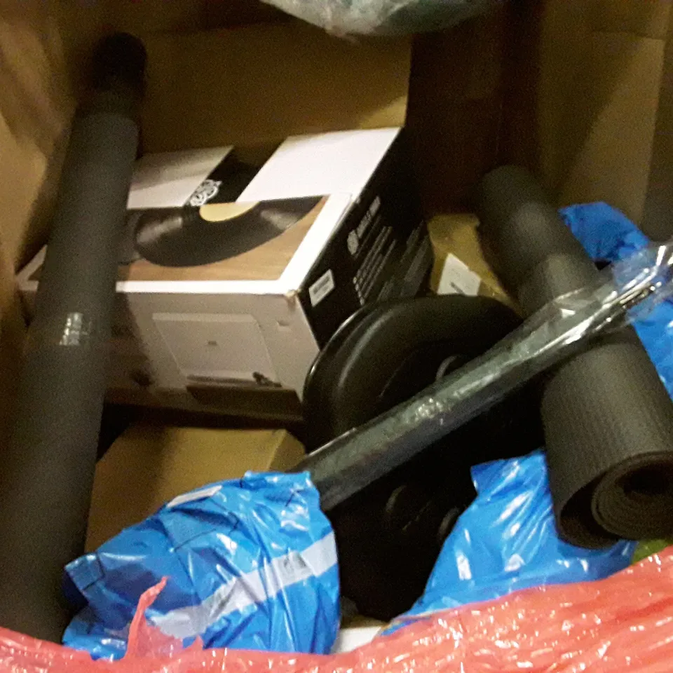 PALLET OF ASSORTED PRODUCTS INCLUDING WORKOUT BENCH, RETRO TURNTABLE, AIR FRYER, UMBRELLA, UNIVERSAL STAND ASSIST