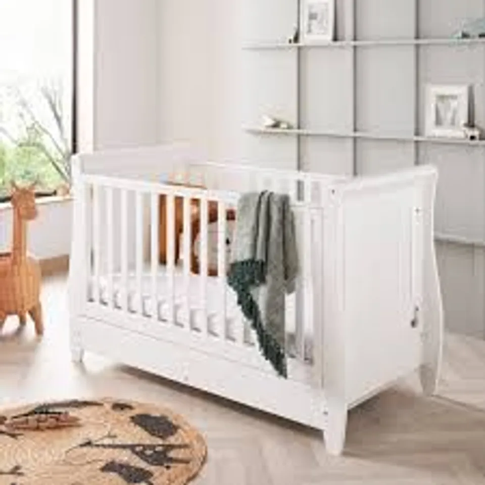 BOXED BABYMORE STELLA SLEIGH COT BED DROPSIDE WITH DRAWER - WHITE (2 BOXES)