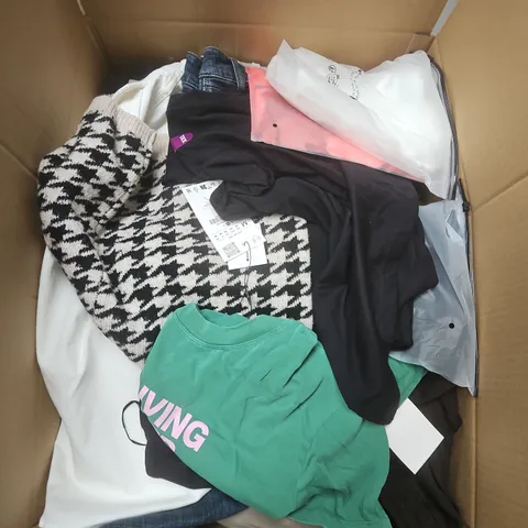 LARGE BOX OF APPROXIMATELY 20 ASSORTED CLOTHING ITEMS IN VARIOUS SIZES, STYLES AND COLOURS