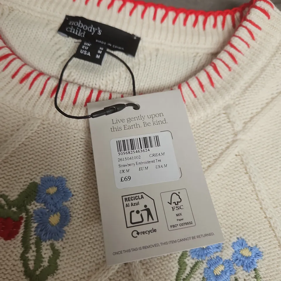 NOBODY'S CHILD STRAWBERRY EMBROIDERED KNIT TOP – CREAM, UK M