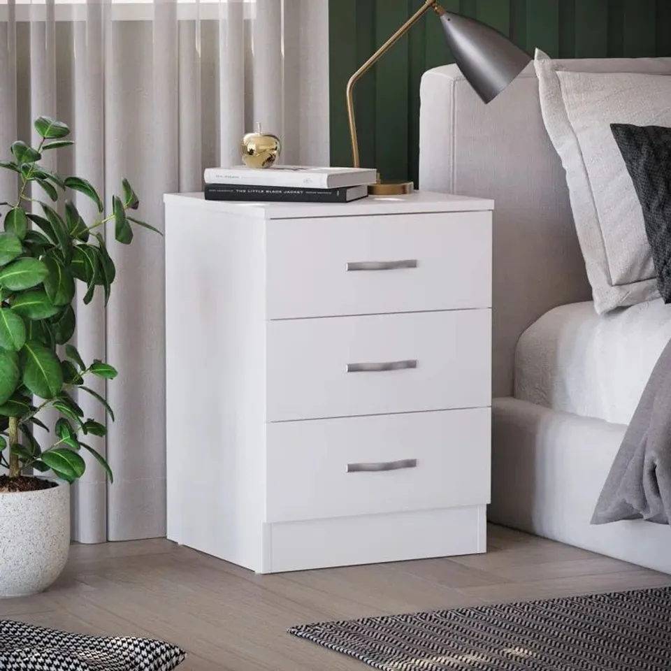 BOXED MAYBERY 3-DRAWER BEDSIDE TABLE CHEST OF DRAWERS