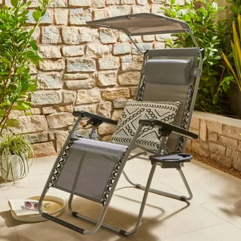 BOXED MONACO ZERO GRAVITY RECLINING GARDEN CHAIR WITH SUN CANOPY & CLIP-ON SIDE TABLE - GREY