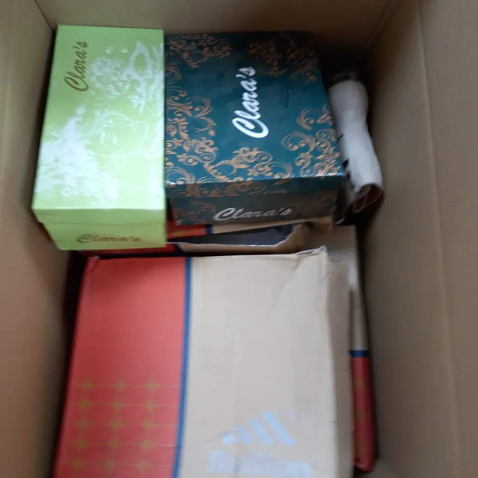 BOX OF APPROXIMATELY 10 ASSORTED PAIRS OF SHOES TO INCLUDE BLACK SANDALS, YELLOW BOOTS, BEIGE BOOTS ETC