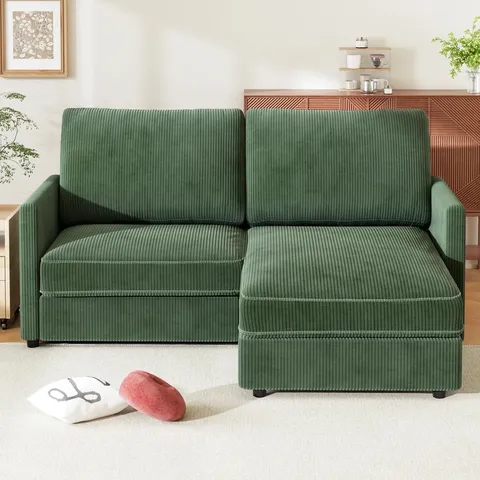 BOXED 180CM 2 SEAT AREA CORDUROY CORNER SOFA - GREEN