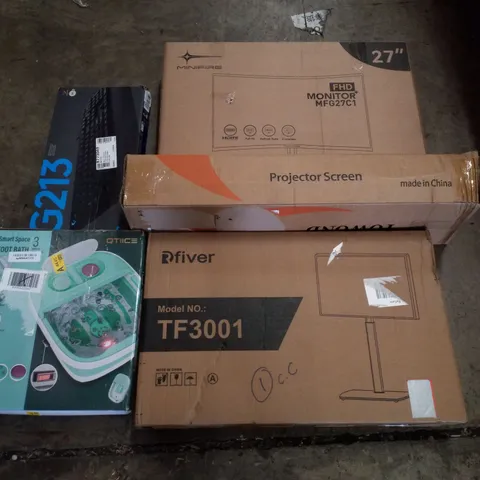 PALLET CONTAINING ASSORTED PRODUCTS INCLUDING PROJECTOR SCREEN, MONITOR STAND, 27" LED MONITOR, RGB KEYBOARD & FOOT BATH