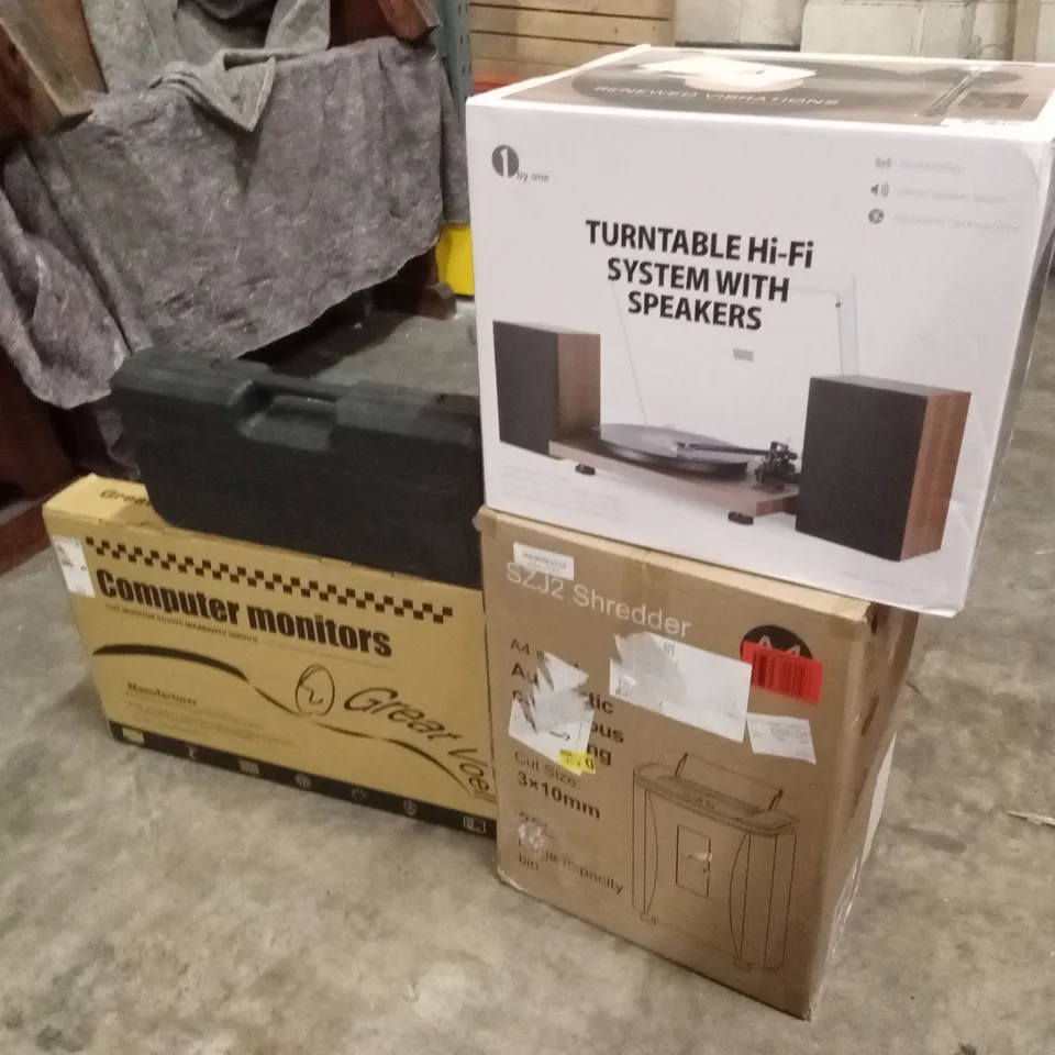 PALLET OF ASSORTED HOUSEHOLD GOODS AND PRODUCTS TO INCLUDE; TURNTABLES, COMPUTER MONITOR, SHREDDER ETC
