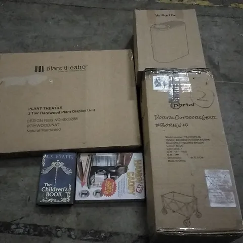 PALLET OF ASSORTED ITEMS INCLUDING AIR PURIFIER, 3 TIER HARWOOD PLANT DISPLAY UNIT, FOLDING WAGON,HAND CADDY, "THE CHILDREN'S BOOK" BOOK