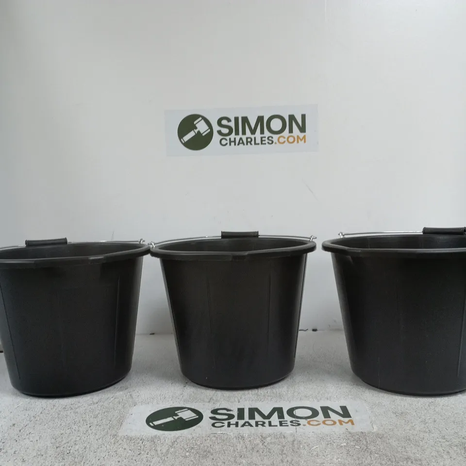 SET OF 3 BLACK PLASTIC BUCKETS WITH HANDLES