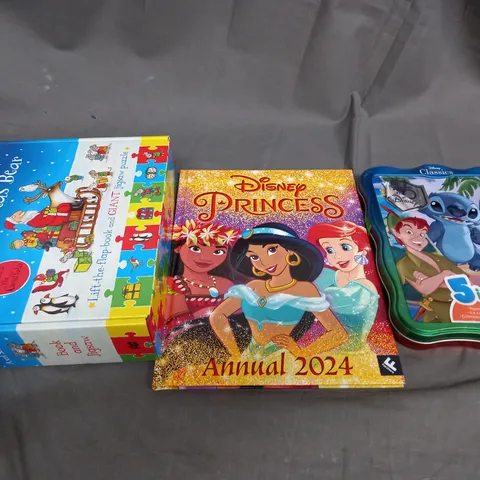 BOX OF APPROXIMATELY 10 ASSORTED BOOKS AND TOYS TO INCLUDE DISNEY, PRINCESS AND THE CHRISTMAS BEAR