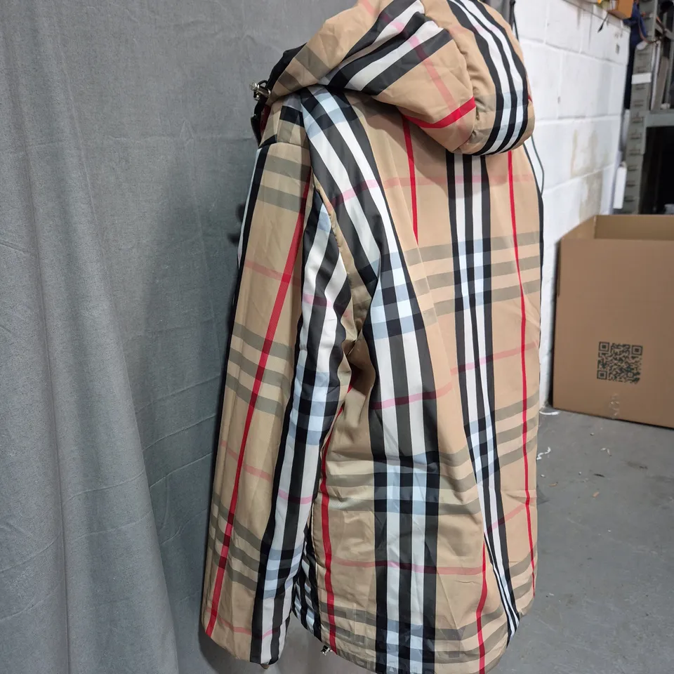 HOODED BEIGE CHECK COAT WITH BURBERRY-STYLE PLAID PATTERN SIZE XXL