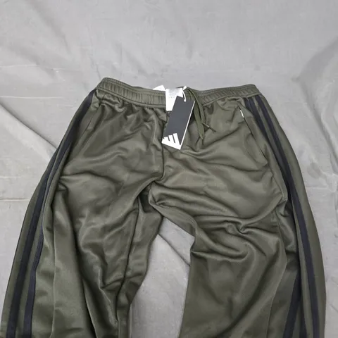 ADIDAS TRACK PANTS β MEN'S OLIVE GREEN WITH BLACK SIDE STRIPES, UK MEDIUM