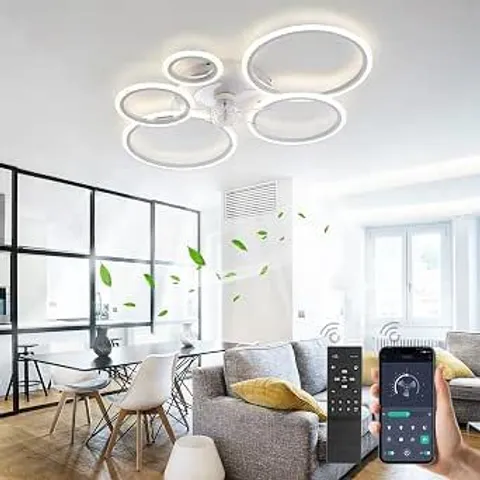 MODERN ROUND 5 RING DESIGN FAN CEILING LIGHTS, LED DIMMABLE MEMORY FUNCTION LIVING ROOM FAN LIGHT, 6 SPEEDS QUIET REVERSIBLE DC MOTOR-WHITE