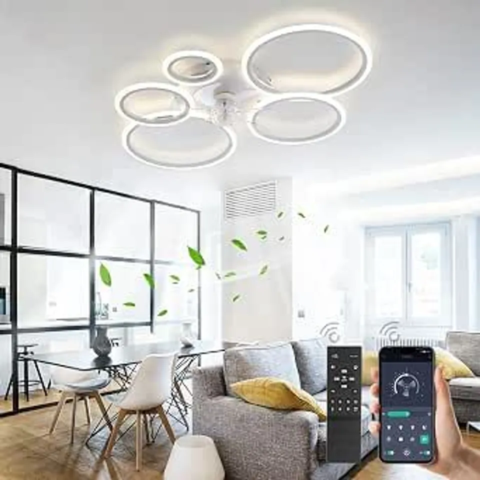MODERN ROUND 5 RING DESIGN FAN CEILING LIGHTS, LED DIMMABLE MEMORY FUNCTION LIVING ROOM FAN LIGHT, 6 SPEEDS QUIET REVERSIBLE DC MOTOR-WHITE
