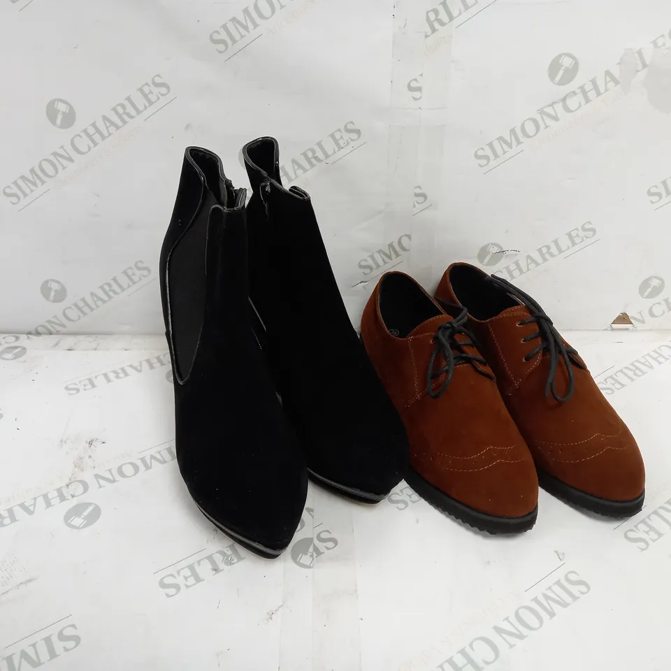 APPROXIMATELY 7 BOXED PAIRS OF SHOES TO INCLUDE ODEON WEDGE ANKLE BOOTS IN SIZE 7, ODEON TAN SUEDE SHOES IN SIZE 5