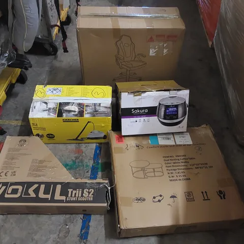 PALLET OF ASSORTED ITEMS INCLUDING: KÄRCHER STEAM CLEANER, GAMING CHAIR, OVAL NESTING COFFEE TABLE, MULTIFUNCTIONAL RICE COOKER, STUNT SCOOTER ECT