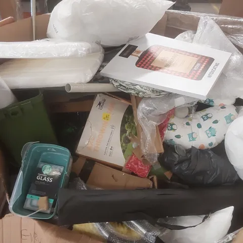 PALLET CONTAINING A VERY LARGE QUANTITY OF ASSORTED CONSUMER PRODUCTS INCLUDING: PAINTING, PILLOWS, TOY AXE THROWING GAME, TEMPERED GLASS PHONE SCREEN PROTECTOR ECT