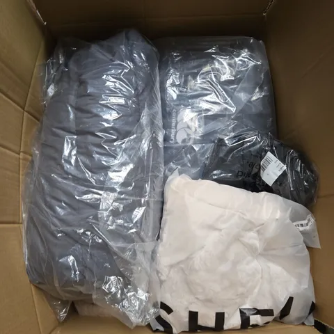 LARGE BOX OF ASSORTED CLOTHING ITEMS IN VARIOUS SIZES, STYLES AND COLOUR 