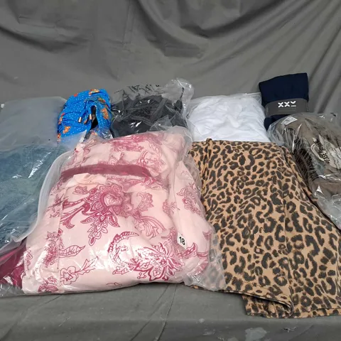 BOX OF ASSORTED CLOTHING ITEMS IN VARIOUS COLOURS, SIZES AND STYLES