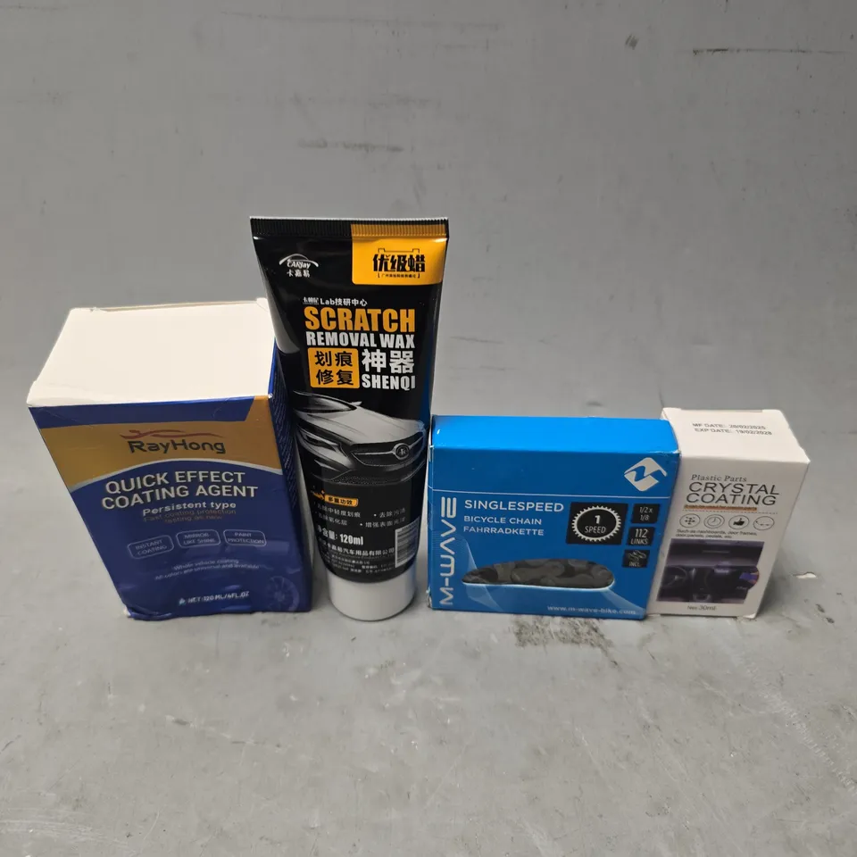 APPROXIMATELY 6 ASSORTED ITEMS TO INCLUDE - SCRATCH REMOVAL WAX , CRYSTAL COATING , M-WAVE SINGLESPEED BICYCLE CHAIN ETC