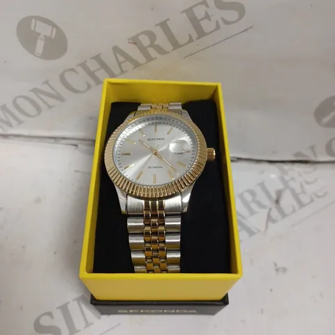 BOXED SEKONDA GENTS CLASSIC TWO TONE WATCH WITH STAINLESS STEEL BRACELET - JAPAN MOVEMENT - 5 ATM.