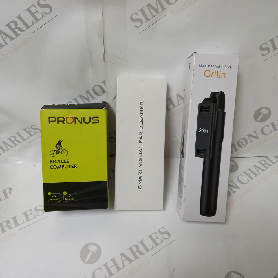 APPROXIMATELY 10 ASSORTED ITEMS TO INCLUDE PRONUS BICYCLE COMPUTER, SMART VISUAL EAR CLEANER, BLUETOOTH SELFIE STICK ETC. 