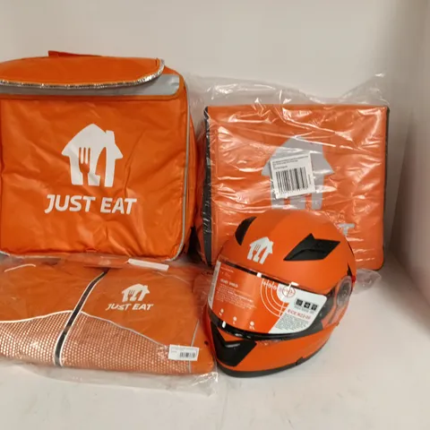 LOT OF 4 JUST EAT BRANDED ITEMS TO INCLUDE HELMET, JACKET AND BAGS