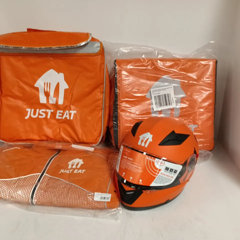 LOT OF 4 JUST EAT BRANDED ITEMS TO INCLUDE HELMET, JACKET AND BAGS
