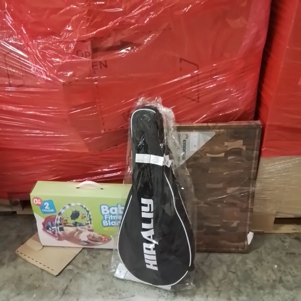 PALLET OF ASSORTED HOUSEHOLD GOODS AND PRODUCTS TO INCLUDE;FITNESS BLANKET,TENNIS RACKET,CHOPPING BOARDS
