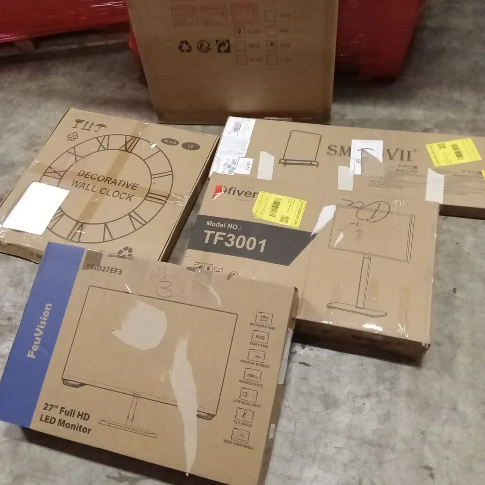 PALLET OF ASSORTED HOUSEHOLD GOODS AND PRODUCTS TO INCLUDE; WALL CLOCK, FURNITURE, MONITOR STAND, COMPUTER MONITOR ETC