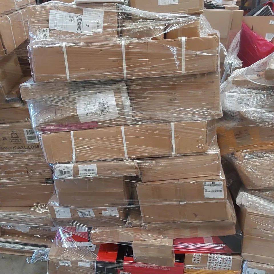 PALLET CONTAINING VARIOUS ASSORTED BOXED ITEMS TO INCLUDE,  CAR PARTS, EXPANDABLE HOSE,  KIDS SLIDE, VACUUM SEALER AND LOTS MORE UNMARKED BOXED ITEMS 