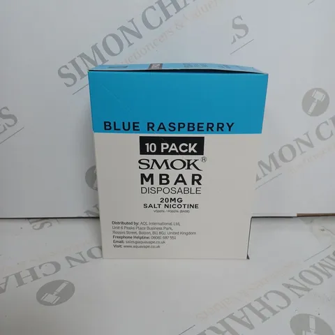 BOX OF APPROXIMATELY 10 BOXES OF BLUE RASPBERRY 10 PACK SMOK M BAR DISPOSABLE 20MG SALT NICOTINE