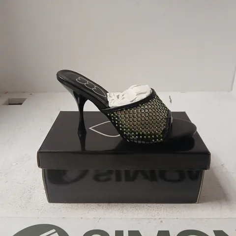 WOMEN'S BLACK MESH-STRAP HIGH-HEELED MULE WITH RHINESTONE EMBELLISHMENT UK 7