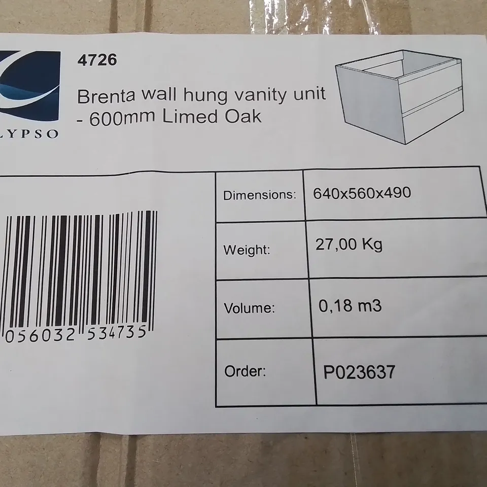 BOXED AS NEW CALYPSO BRENTA WALL HUNG VANITY UNIT - 600MM IN LIMED OAK
