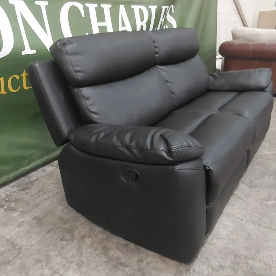 QUALITY DESIGNER BLACK FAUX LEATHER EDISON 3 SEARER MANUAL RECLINING SOFA