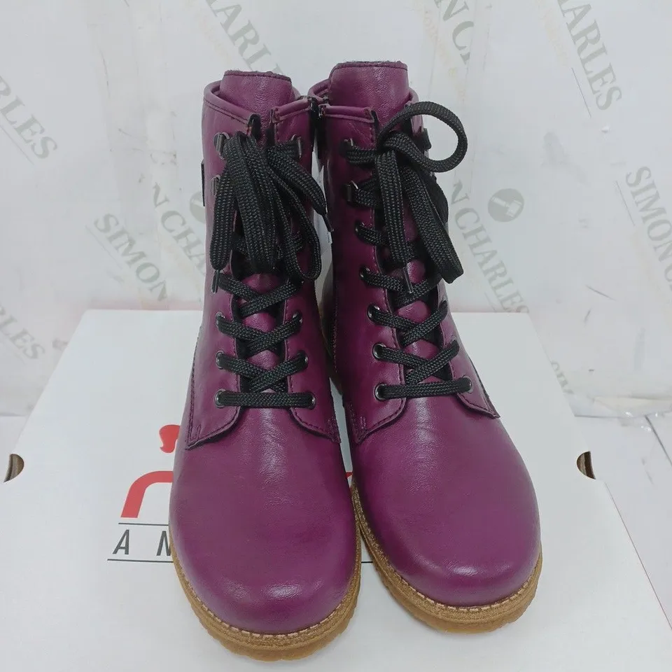 BOXED PAIR OF RIEKER LACE UP BOOTS IN PURPLE SIZE 5