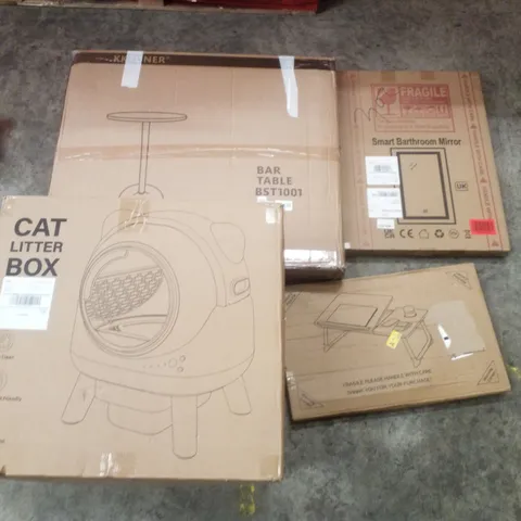 PALLET CONTAINING ASSORTED PRODUCTS INCLUDING BAR TABLE, BATHROOM MIRROR, LAPTOP DESK & CAT LITTER BOX