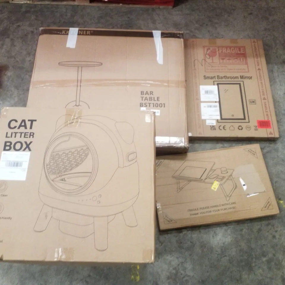 PALLET CONTAINING ASSORTED PRODUCTS INCLUDING BAR TABLE, BATHROOM MIRROR, LAPTOP DESK & CAT LITTER BOX