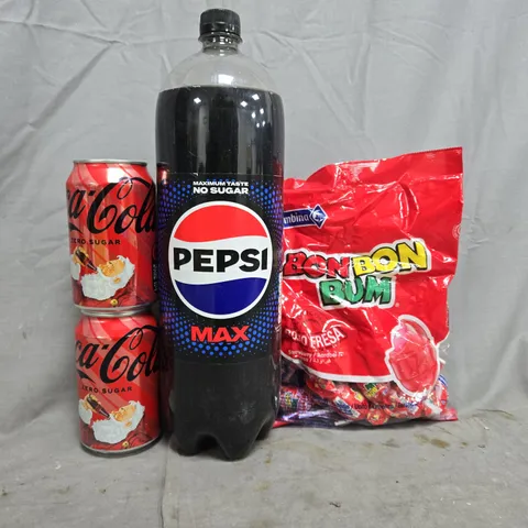 APPROXIMATELY 5 ASSORTED FOOD AND DRINK ITEMS TO INCLUDE PEPSI MAX, BON BON GUM, COCA-COLA, ETC