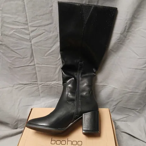 BOOHOO BLACK KNEE-HIGH PULL-ON BOOTS, BLOCK HEEL, UK 5