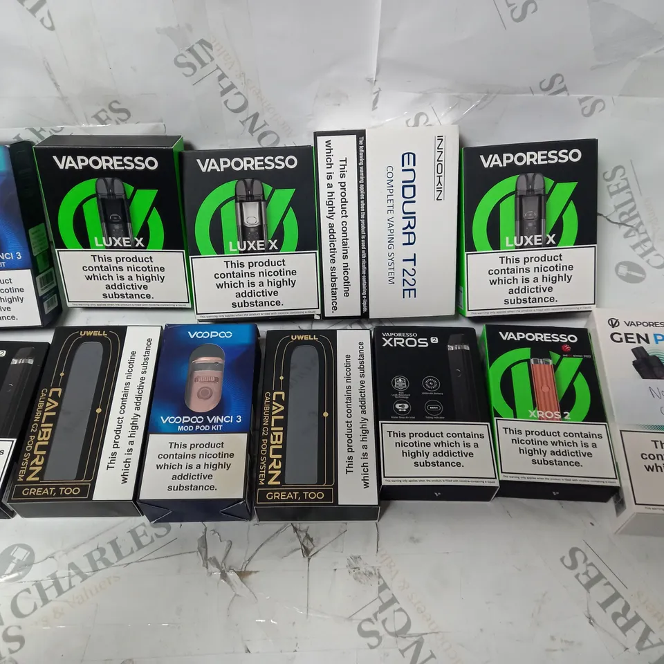 APPROXIMATELY 12 ASSORTED VAPES INCLUDING VAPORESSO, UWELL,VOOPOO